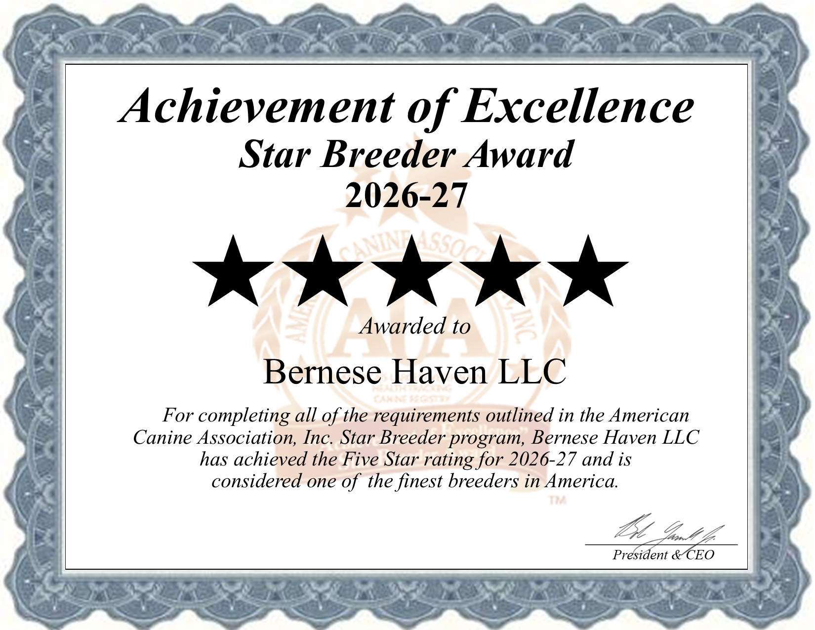 Bernese Haven, LLC, dog, breeder, star, certificate, Bernese Haven-LLC, Bird In Hand, PA, Pennsylvania, puppy, dog, kennels, mill, puppymill, usda, 5-star, aca, ica, registered, Bernese Mountain Dog