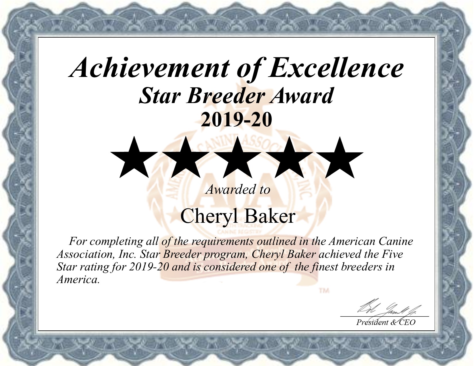 cheryl, baker, dog, breeder, certificate, star, cheryl-baker, dog-breeder, ketchum, ok, oklahoma, puppy, dog, kennels, mill, puppymill, usda, 5-star, certificate, okie, pets, okie-pets, judge, ACA, show