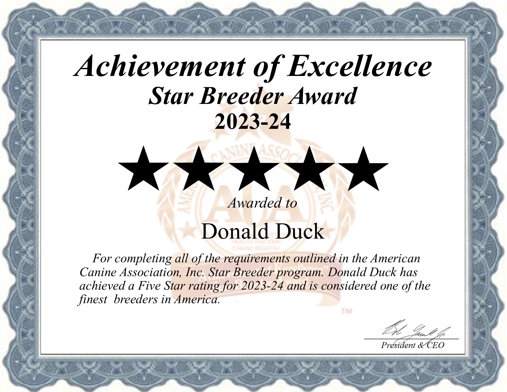 Donald, Duck, dog, breeder, star, certificate, Donald-Duck, Kimberton, PA, Pennsylvania, puppy, dog, kennels, mill, puppymill, usda, 5-star, aca, ica, registered, rottweiler, none