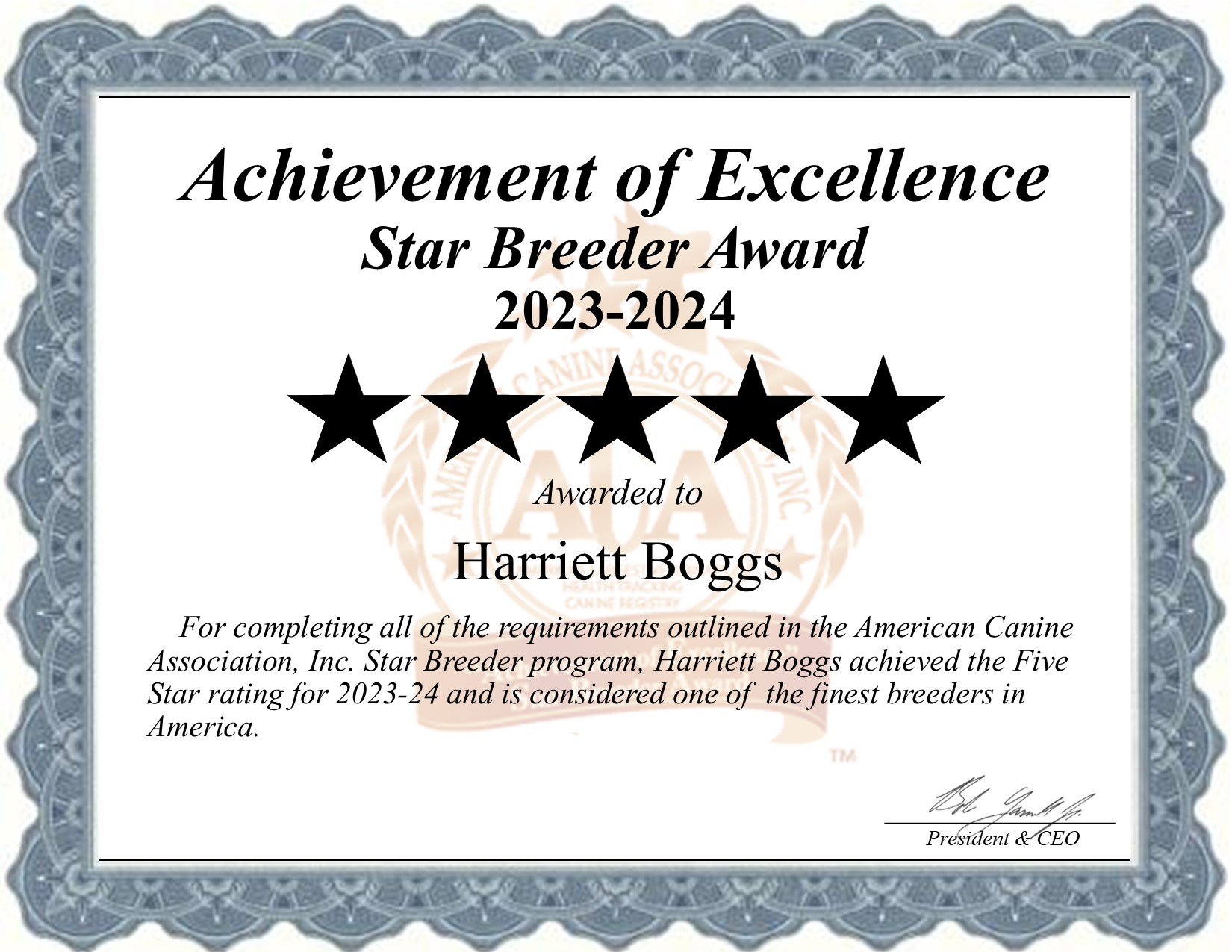 Harriet Boggs Niangua, MO star dog breeder certificate