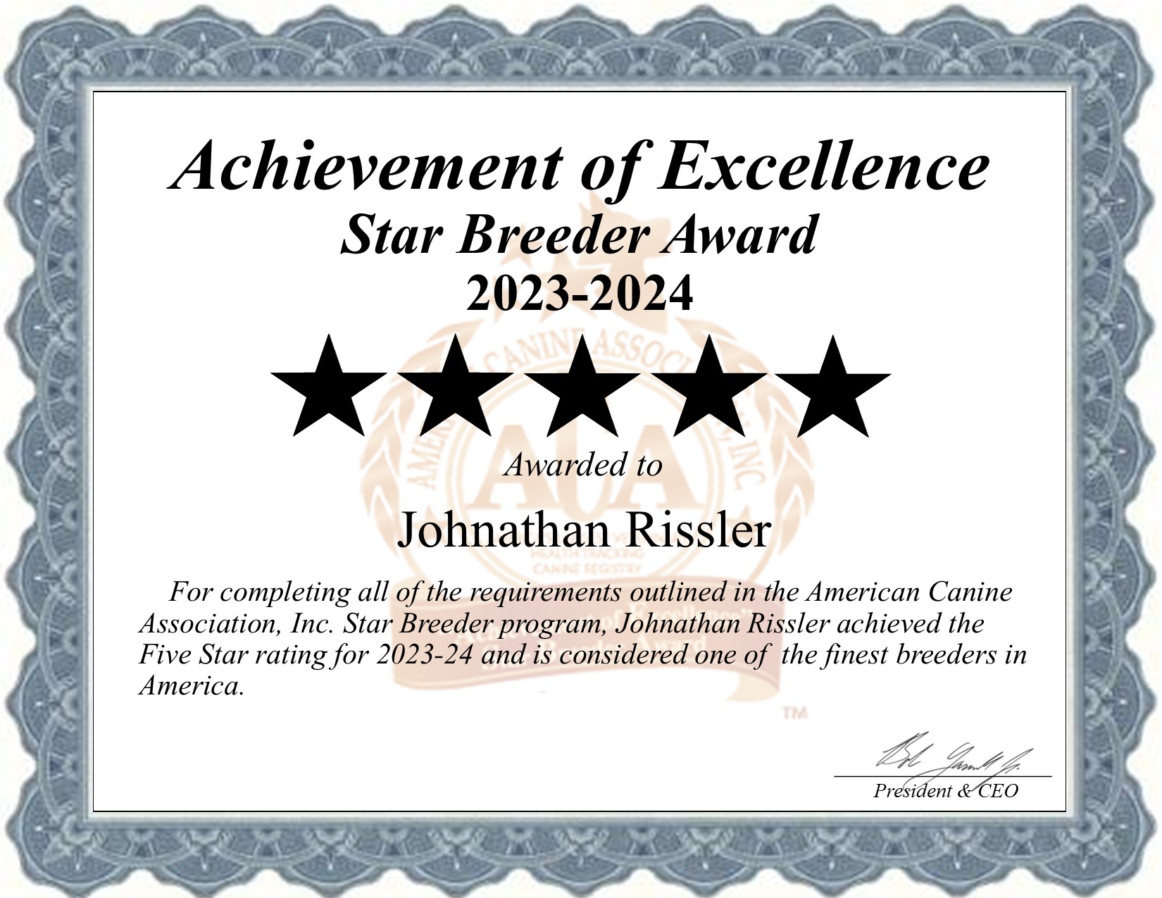 Johnathan, Rissler, dog, breeder, star, certificate, Johnathan-Rissler, Barnett, MO, Missouri, puppy, dog, kennels, mill, puppymill, usda, 5-star, aca, ica, registered, German Shepherd Dog, none