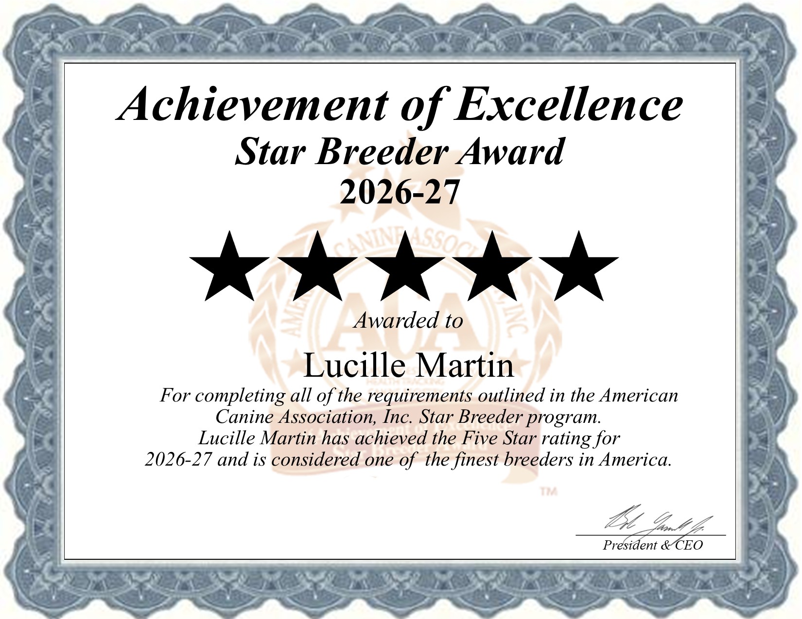 Lucille, Martin, dog, breeder, star, certificate, Lucille-Martin, Barnett, MO, Missouri, puppy, dog, kennels, mill, puppymill, usda, 5-star, aca, ica, registered, German Sheperd, none