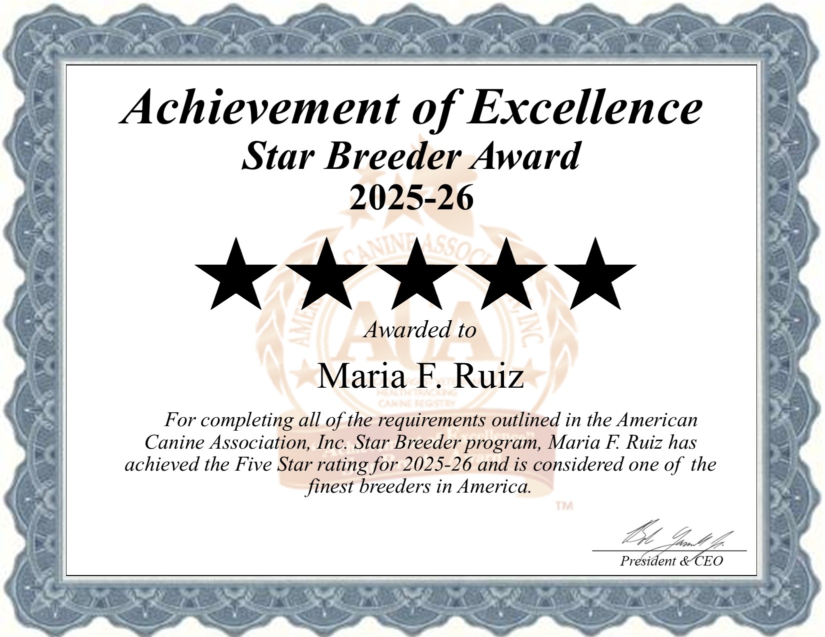Maria F, Ruiz, dog, breeder, star, certificate, Maria F-Ruiz, Idabel, OK, Oklahoma, puppy, dog, kennels, mill, puppymill, usda, 5-star, aca, ica, registered, Chihuahua