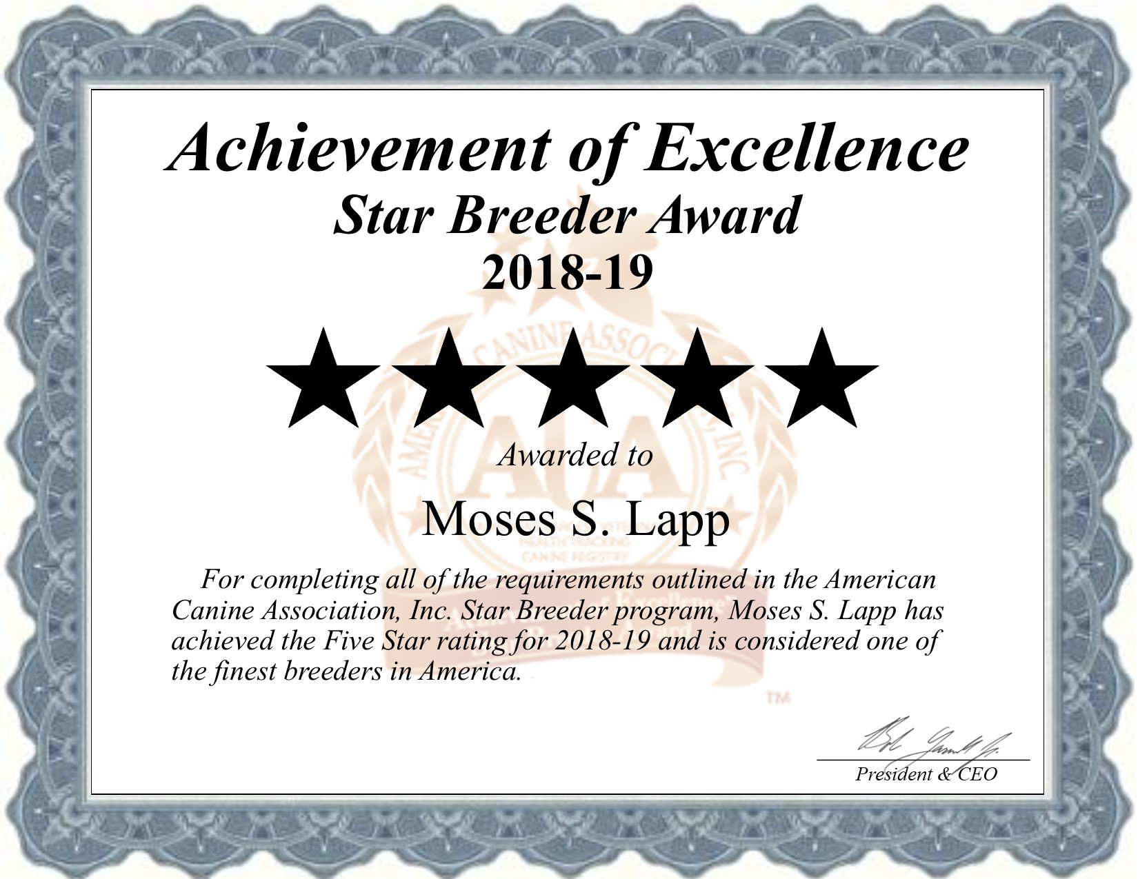 moses, s, Lapp, dog, breeder, certificate, moses-s-lapp, dog_breeder, star, puppies, pups, myerstown, pa, pennsylvania, usda, number, show, kennels, kennel, professional, county, pure bred, purebred, five, 5, puppy, breeders, star breeder, USDA, dog, puppy, puppies, ACA, ICA; 
