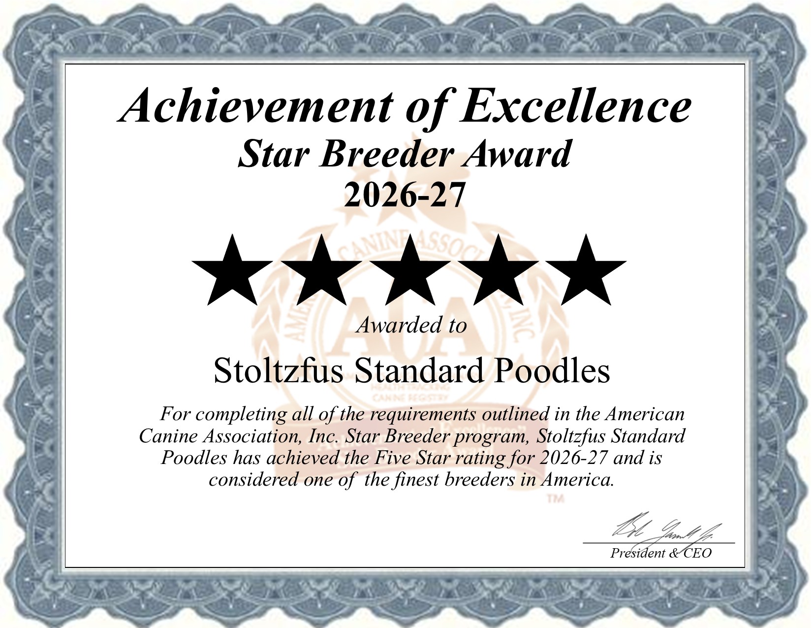Stoltzfus Standard, Poodles, dog, breeder, star, certificate, Stoltzfus Standard-Poodles, Christiana, PA, Pennsylvania, puppy, dog, kennels, mill, puppymill, usda, 5-star, aca, ica, registered, Standard Poodle