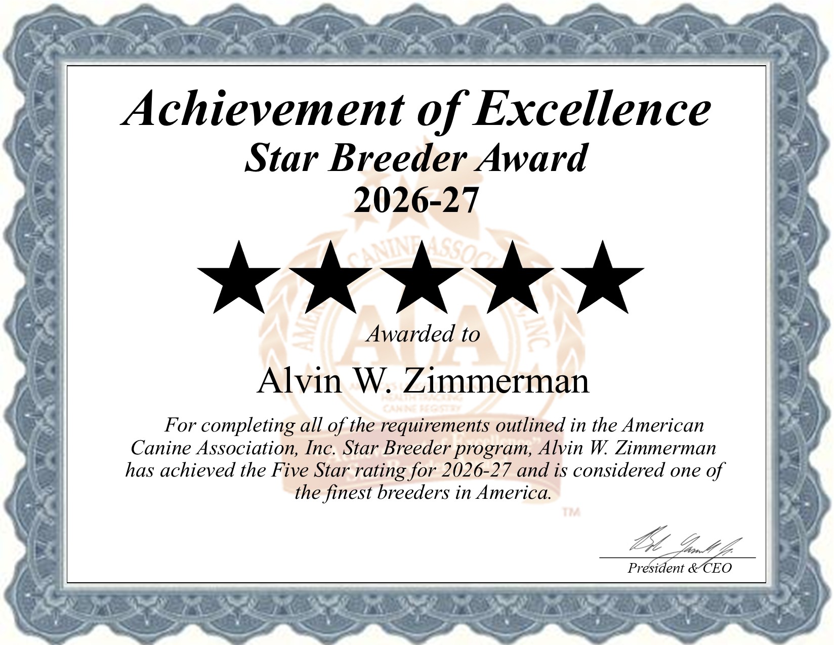 Alvin W., Zimmerman, dog, breeder, star, certificate, Alvin W.-Zimmerman, East Earl, PA, Pennsylvania, puppy, dog, kennels, mill, puppymill, usda, 5-star, aca, ica, registered, Boston Terrier