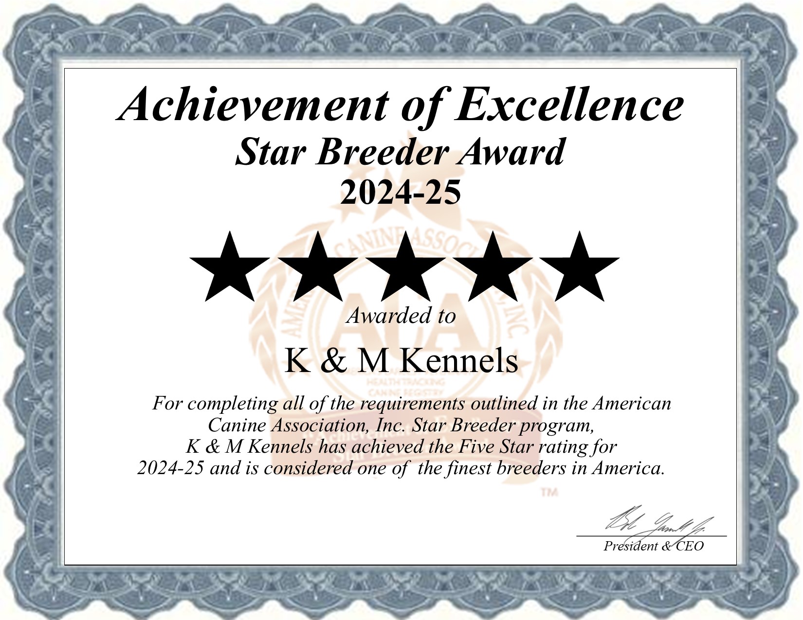 K & M Kennels Star Dog Breeder Certificate