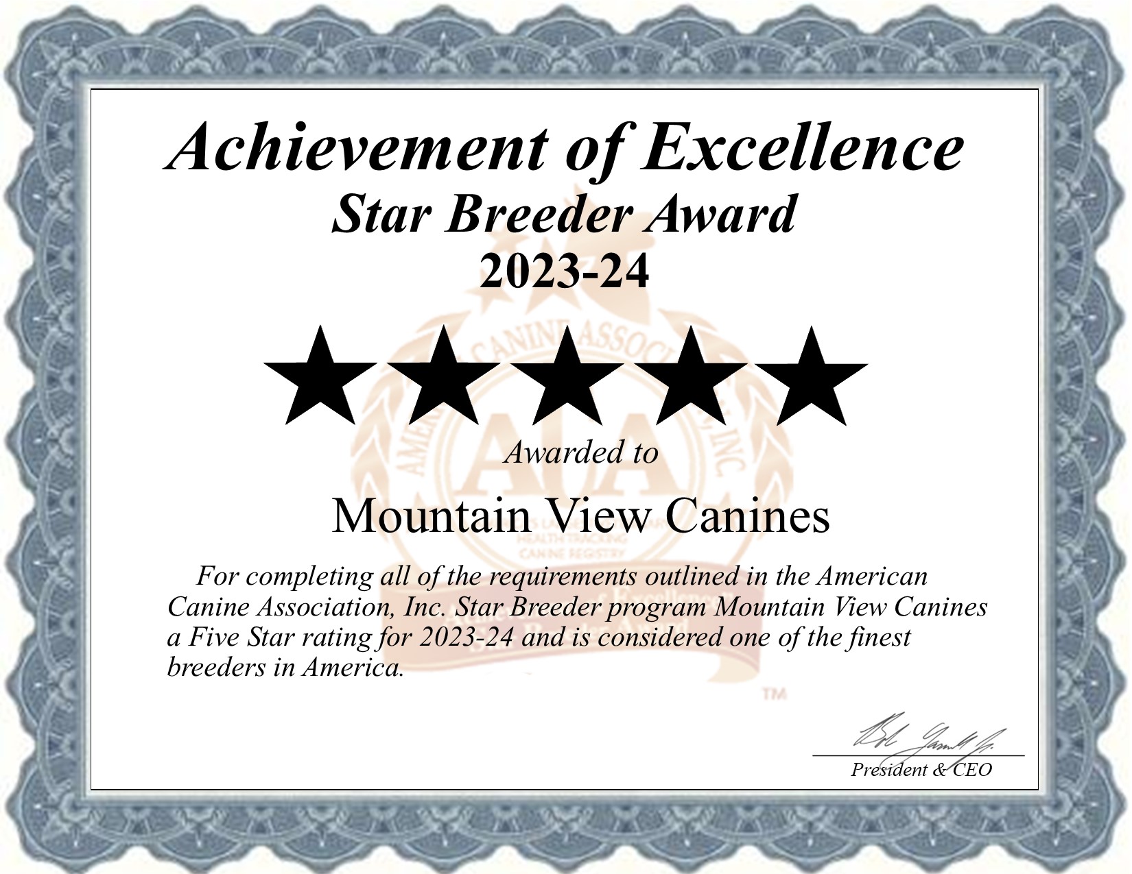 Mountain, View Canines, dog, breeder, star, certificate, Mountain-View Canines, Narvon, PA, Pennsylvania, puppy, dog, kennels, mill, puppymill, usda, 5-star, aca, ica, registered, snauzer, pa-doglaw