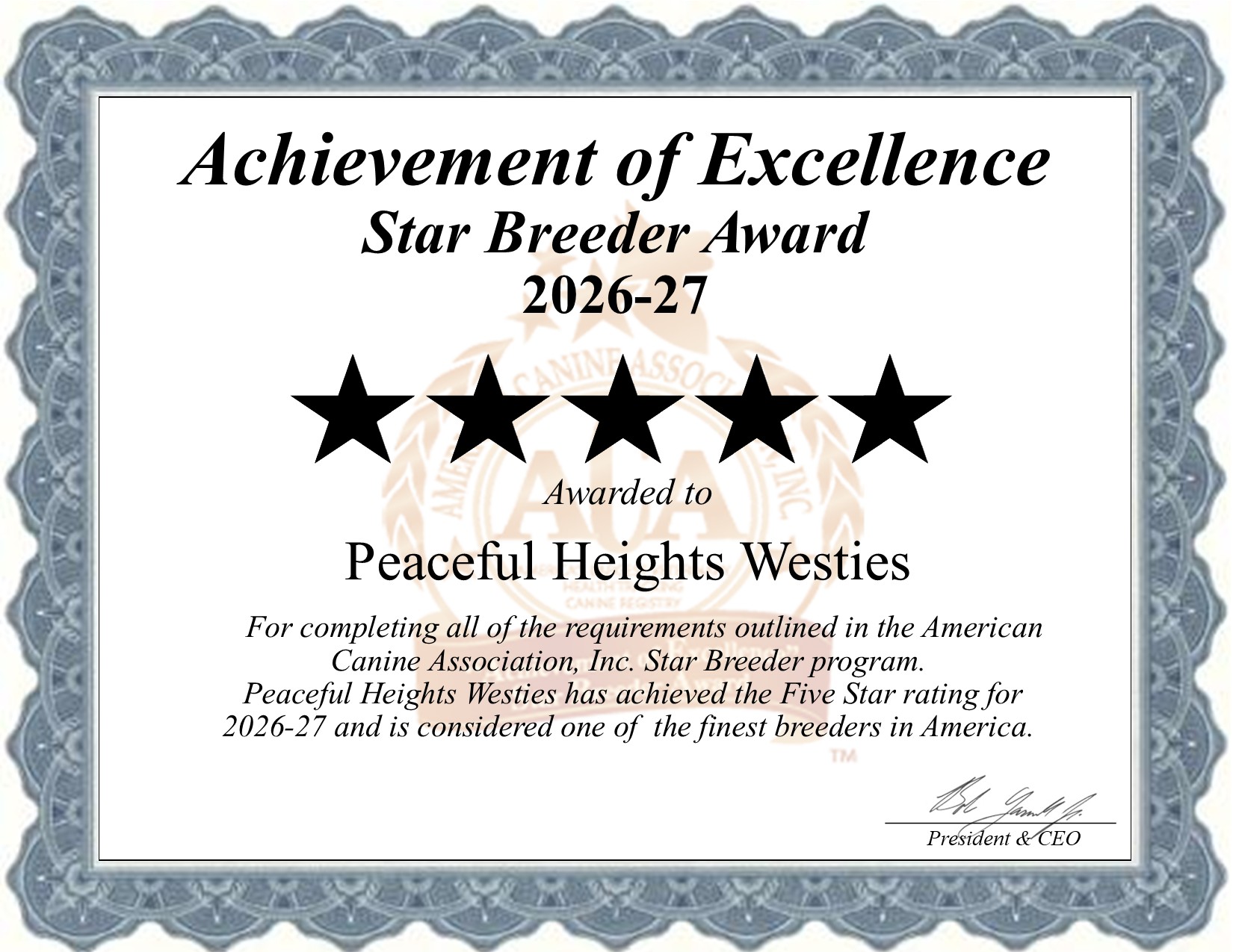 Peaceful Heights, Westies, dog, breeder, star, certificate, Peaceful Heights-Westies, Romney,WV, West Virginia, puppy, dog, kennels, mill, puppymill, usda, 5-star, aca, ica, registered, West Highland White Terrier