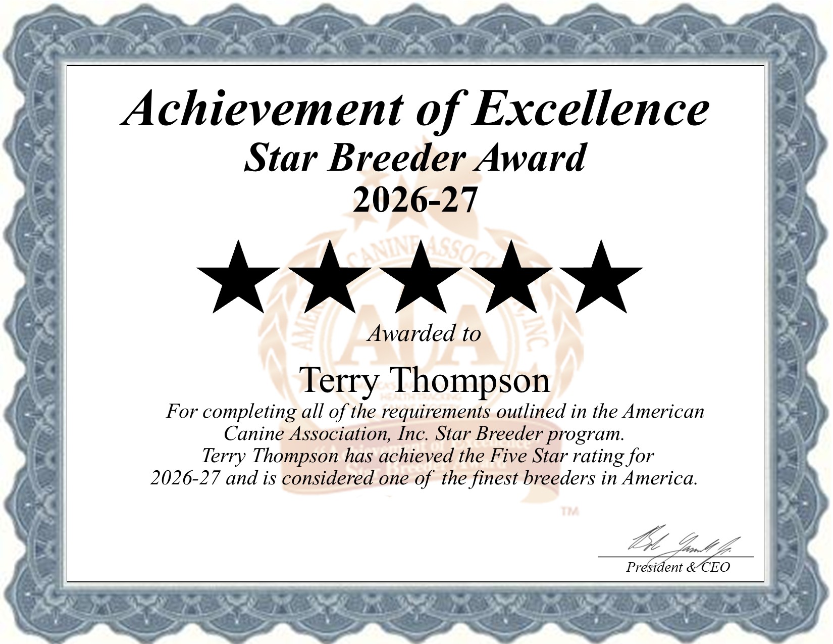 Terry, Thompson, dog, breeder, star, certificate, Terry-Thompson, Ashdown, AR, Arizona, puppy, dog, kennels, mill, puppymill, usda, 5-star, aca, ica, registered, Miniature Dachshund