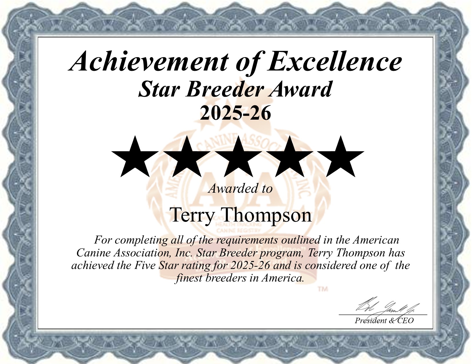 Terry, Thompson, dog, breeder, star, certificate, Terry-Thompson, Ashdown, AR, Arizona, puppy, dog, kennels, mill, puppymill, usda, 5-star, aca, ica, registered, Miniature Dachshund